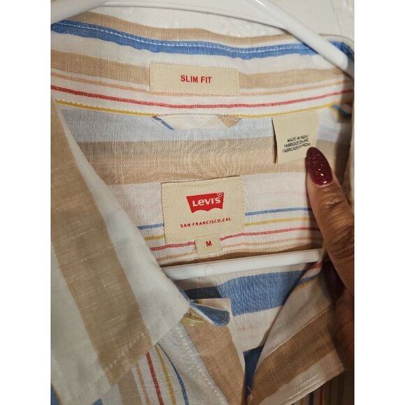 Mens Linen Blend Slim Fit Striped Tan Blue Button Down Shirt Size Medium - Picture 5 of 7